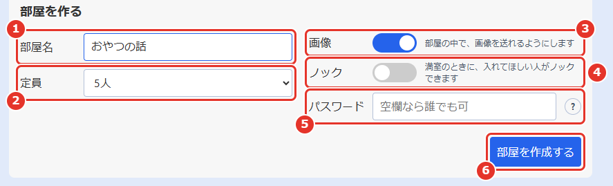 ラウンジの「部屋を作る」。番号の説明は、このすぐあとにあります
