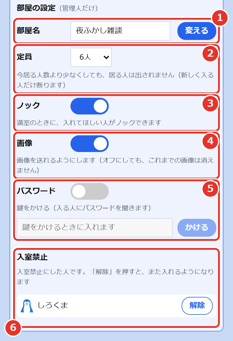 部屋の設定。番号の説明は、このすぐあとにあります